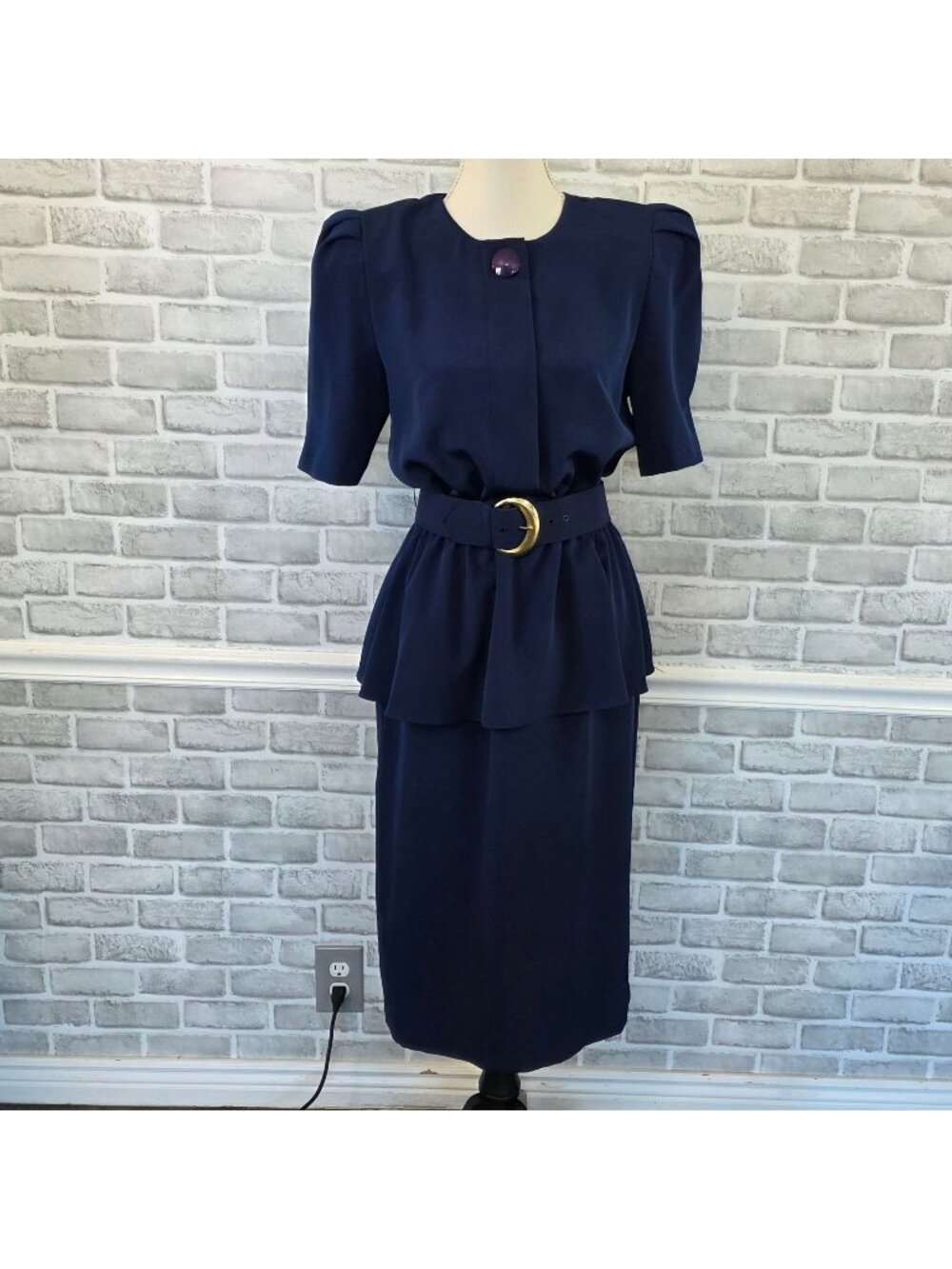 Vtg Von Bramlett 9-to-5 Power Dress Retro Secretary Careerwear Midi Blue USA